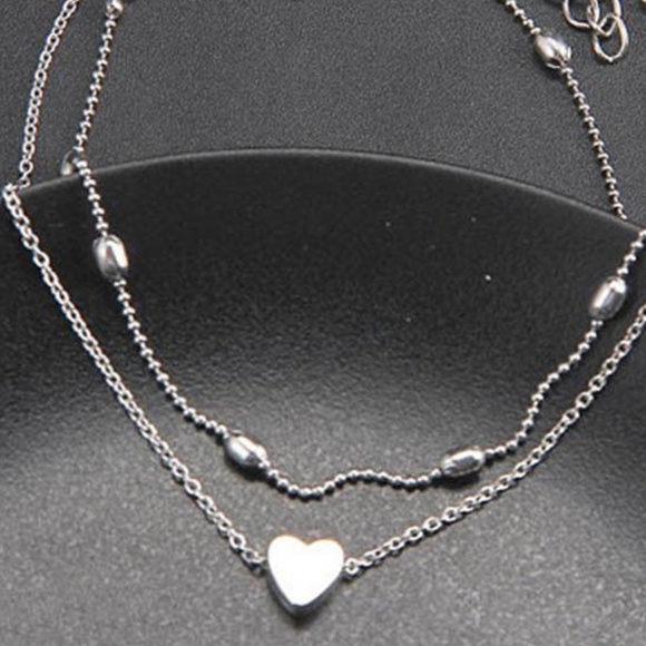 Dainty Silver Heart Ball Chain Layered Anklet - Picture 2 of 3